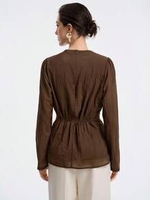 Aalyst Women's Elegant Minimalist High-End Casual, Vacation, Commute Comfortable Solid Color Tencel Cotton Blend Round Neck Waist Pleated A-Line Long Sleeve Blouse, Spring/Autumn/Winter Fall Cloth For Women