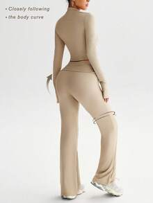 Dewbera Women's 3 PiecesYoga Workout Set, Casual Sexy Outdoor Running U-Neck Top, Comfortable Tummy Control Lifting Leggings, High Neck Tight Fit Long Sleeve Thumb Hole Jacket Beige Workout Set Ribbed Workout Set - Khaki - View 2