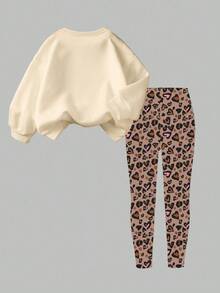 SHEIN 女孩休闲时尚创意秋季卡通可爱豹纹心形图案印花套头衫和紧身裤两件套 - 彩色 - 查看 2