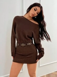 SHEIN Unity 新款露肩宽松腰休闲都市紧身针织迷你裙，咖啡色 - 咖啡棕 - 查看 6