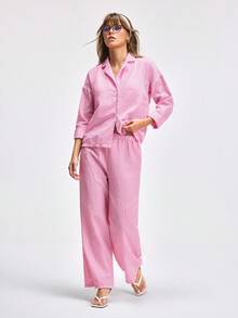 LOUNGEISTA Conjunto de pijama de 2 piezas para mujer con blusa de manga larga con botones a rayas y pantalón con cordón, ropa de otoño - Rosa Fucsia - Ver 5