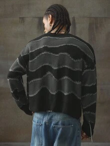 AXEPEAK Men's Casual Loose Fit Striped Round Neck Drop Shoulder Long Sleeve Sweater, Autumn, For Fall Winter - Black - View 2