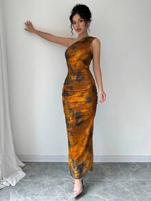Elenzga Váy dạ hội sang trọng dành cho nữ, cổ lệch in họa tiết tie-dye, không tay gợi cảm - màu nâu - Xem 5