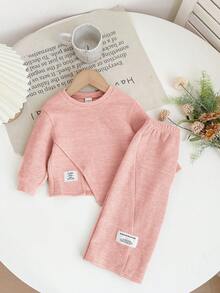 SHEIN LMoss Kids 2 st babyflicka casual stickad rosa långärmad topp och resårmidja byxor set, höst/vinter - Rosa - Visa 3