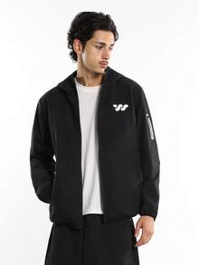 SUMWON Premium Waterproof Shell Jacket Full Zip Windbreaker With Chest Logo Lightweight Outdoor Hood Utility Travel Essential Weather Protection - Black - View 7