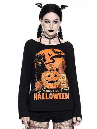 Damen Halloween Kürbis & Katzen Muster Trägertop Langarm T-Shirt