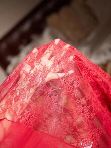 Slumberist SilkySpell 女士性感网眼透明蕾丝 3 件套长袍睡袍套装，优雅睡衣内衣 - 酒紅色 - 查看 10