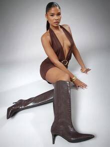 SHUZIA Bottes à talons en PU marron à talon bas minimaliste, confort de tous les jours pour femmes - Marron fonçé - Voir 3