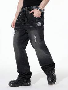 ROMWE MEN Grunge Punk Jeans de pierna ancha con decoración de remaches, estilo casual de calle, con doble cintura para hombres - Negro - Ver 5