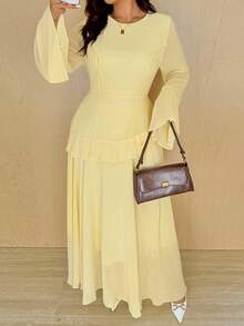 Vionelle Plus Size Women Elegant Romantic Solid Color Dress Fall Cloth For Women Chiffon Dresses For Women Modest Dress Lemon Dress Women Light Yellow Dress Women Pastel Yellow Dress - Yellow - View 7