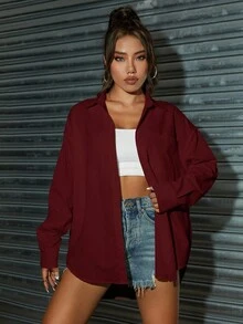 SHEIN Unity 亮色霓虹超大衬衫，休闲长袖女式衬衫 - 紅色 - 查看 4