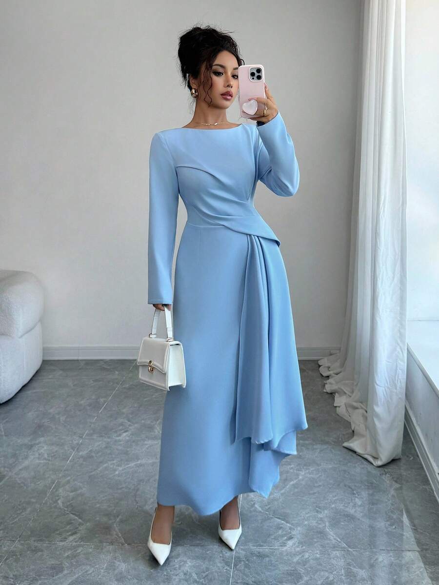 Elenzga Vestido de manga larga con cuello redondo, cintura fruncida y bajo con abertura, elegante y casual para vacaciones, primavera/otoño