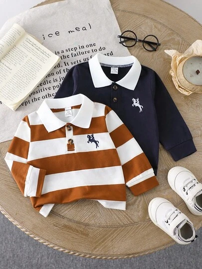 SHEIN 2 st. babypojkar, avslappnad randig t-shirt med kontrastfärgad polokrage och långärmad krage, lämplig för alla årstider, vår/höst, för utomhuslek eller vardagsbruk