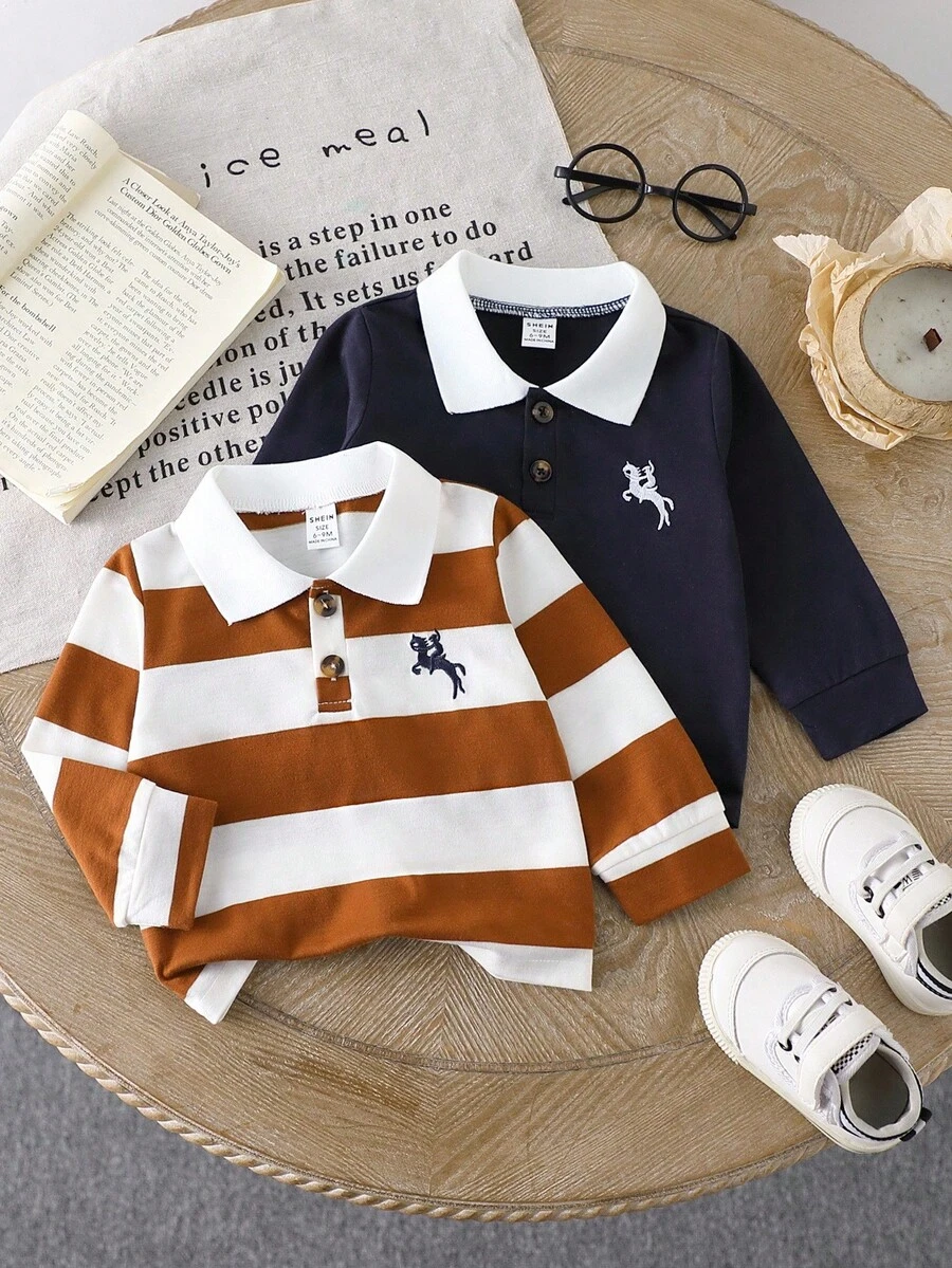 SHEIN 2 件装男婴休闲条纹撞色 Polo 领长袖 T 恤，适合所有季节，春秋季，适合户外玩耍或日常穿着 - 寶藍色 - 查看 1