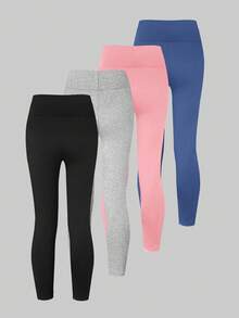 SHEIN Sparklyn 4pcs/Set Girls Elastic Waist Soft Knit Leggings, Grey, Pink, Black, Blue, Comfortable & Stretchy Legging Kids Fall Winter - Multicolor - View 2