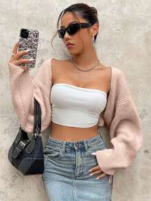 EURMUSE Y2K Grunge Drop Shoulder Open Front Crop Cardigan Without Tube Top - Coral Pink - View 7