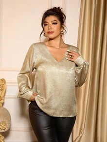 Cravure Plus Size Elegant V-Neck Foil Fabric Blouse For Commuting Fall Cloth For Women - Gold - View 1
