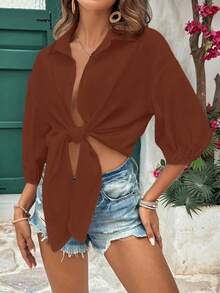 EMERY ROSE Tie-Front Textured Woven Shirt, Spring/Summer - Coffee Brown - View 3