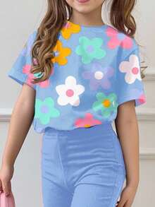 SHEIN Leap Crew 2pcs Tween Girls Casual Dopamine Flower Print Loose Short Sleeve T-Shirt And Flare Pants Set, Suitable For Summer - Multicolor - View 3