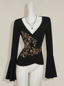 SHEIN ICON 女式长袖翻领喇叭袖复古上衣，舒适时尚，适合居家、旅行、秋冬穿着 - 黑色和金色 - 查看 3