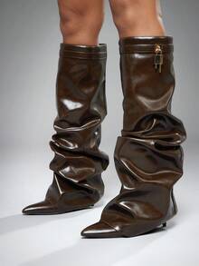 SHUZIA Bottes hautes sexy et chics pour femmes avec talon et décoration de cadenas en métal - Tabac - Voir 2