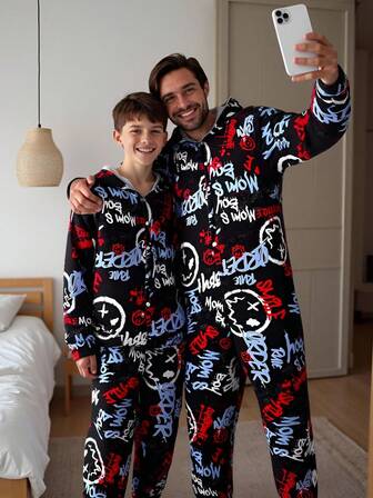 Men's Long Sleeve & Pants Hooded Jumpsuit With Smiling Face Graffiti Elements, In Red & Blue Colors, Combining Vibrant Street Style, Casual & Exaggerated Dynamic Look Hooded Pajamas, Fall