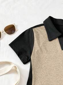 Tween Girls' Casual Vacation Black & Grey Patchwork Knit Polo Collar Short Sleeve Letter Print Midi Dress - Khaki - View 5