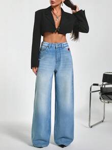 EURMUSE Hıgh Waist Embroidery Detailed Wideleg Jean - Light Wash - View 6