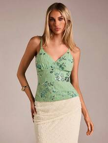 Avantive Áo hai dây thêu hoa đính hạt mùa hè mới, trang phục dự tiệc cho nữ - màu xanh lá - Xem 3