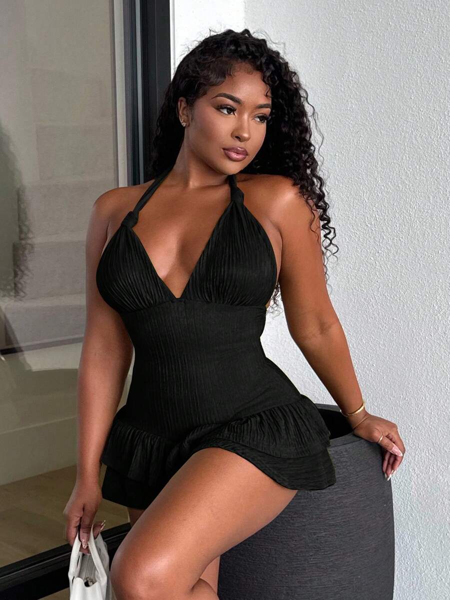 Alexandranx Summer Sexy Lace-Up Ruffle Back Halter Bodycon Romper - Black - View 1