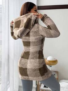 SHEIN EZwear Chaqueta con capucha de felpa tipo teddy con estampado de estilo universitario casual para mujer, otoño/invierno - Café integral - Ver 2