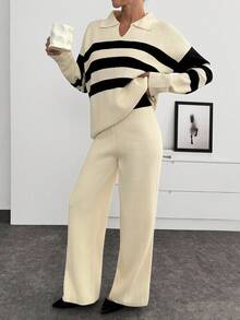EURMUSE Women Stripe Pattern Polo Neck Drop Shoulder Pullover & Sweater Pants Set Knit Two Piece Set Knit Pants Set Womens Knit Set Two Piece Pants Set Striped Knit Set,Co Ord,Winter Clothes - Cream - View 6