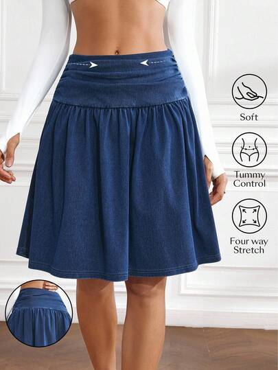 Flexra Women's Casual Washed Ruched Denim Mini Skirt, Summer