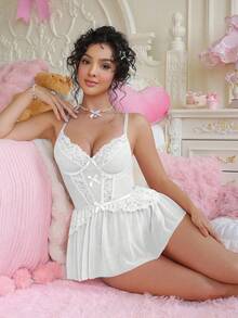 SHEIN 2件套浪漫复古蕾丝撞色网眼露背性感套装 - 白色 - 查看 6