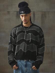 AXEPEAK Men's Casual Loose Fit Striped Round Neck Drop Shoulder Long Sleeve Sweater, Autumn, For Fall Winter - Black - View 1