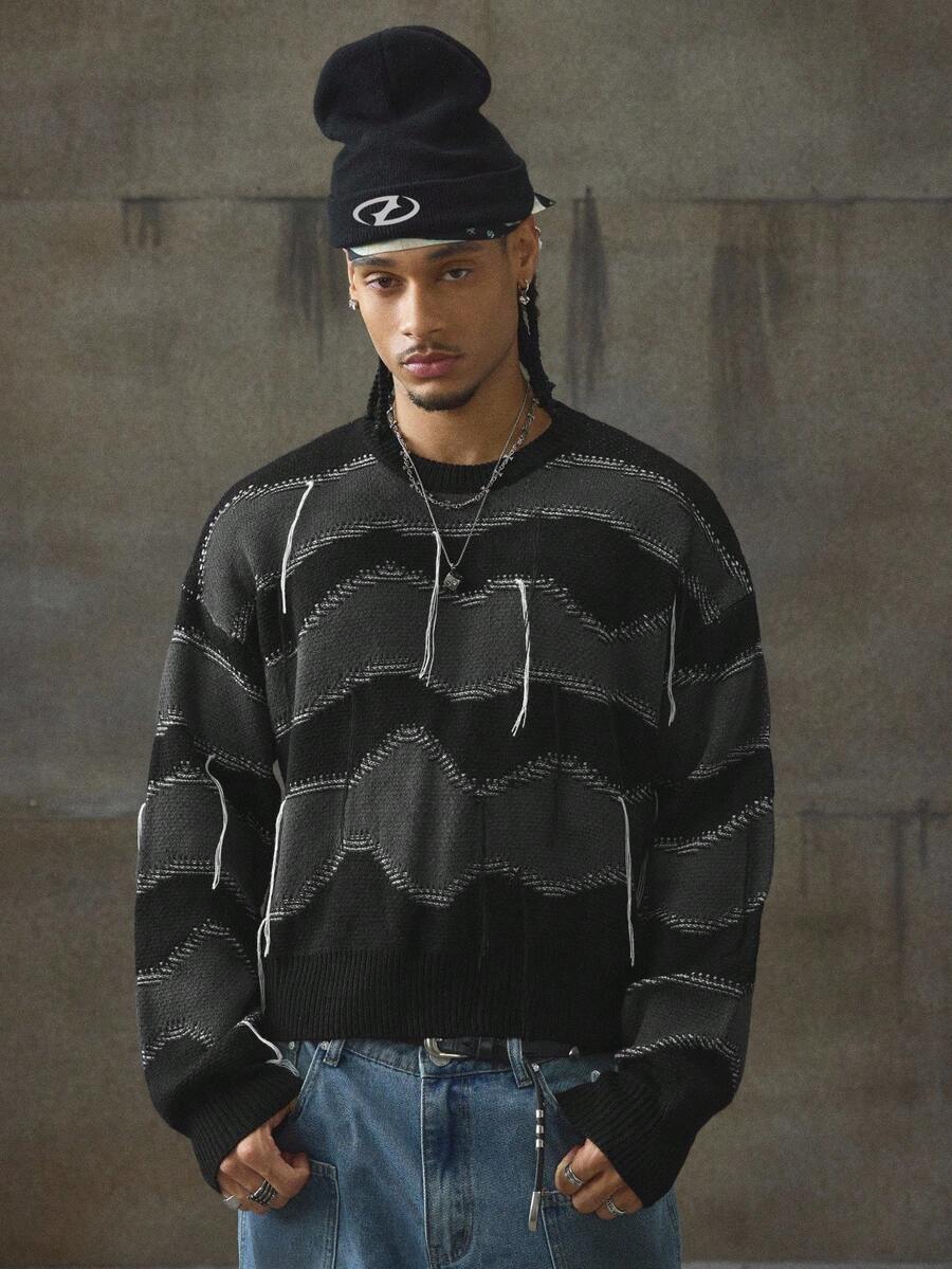 AXEPEAK Men's Casual Loose Fit Striped Round Neck Drop Shoulder Long Sleeve Sweater, Autumn, For Fall Winter - Black - View 1