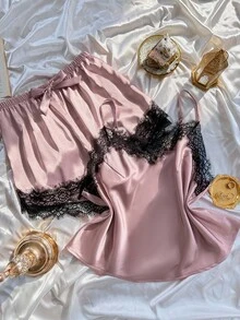 SilkySpell Plus Size Faux Silk Lace Trim Cami Top And Shorts Pajama Set Satin Pajama Set Lace Trim Pajama Set Satin Sleepwear Set Lingerie Pajama Set Lace Pajama Set Lace Pj Set Lingerie Sleep Set Babydoll Pajama Set