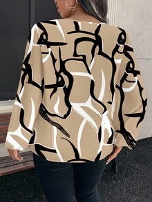 SHEIN Clasi 優雅不對稱抽象條紋印花大尺碼襯衫，送給老師的禮物，時尚女式襯衫，秋冬季 2026 秋季時尚 - 彩色 - 查看 2