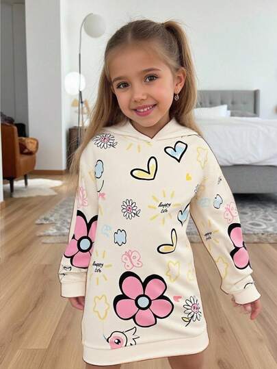 SHEIN 年轻女孩宽松休闲简约舒适连帽长款字母印花运动衫，非常适合夏秋季休闲日常穿着和上学日常