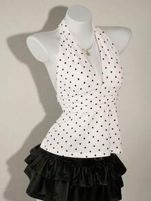 SHEIN ICON Women's Halter Deep V-Neck Ruched A-Line Backless Polka Dot Camisole