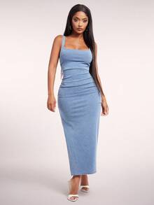 Radiana 女式方领褶皱侧开衩无袖修身牛仔连衣裙 - 淺色水洗藍 - 查看 5