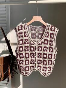 Comfortcana 女式度假风全印花V领纽扣前无袖针织开衫背心（秋冬款） - 酒紅色 - 查看 3