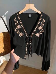 Comfortcana Casual Vacation Style V-Neck Front Tie Floral Embroidery Long Sleeve Cropped Shirt, Spring/Autumn,Black Tops Black Blouses Boho Blouses Lantern Sleeve Blouse, Christmas