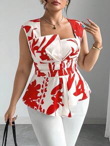 Elenzga Plus Size Women's Woven Digital Placement Print Square Neck Sleeveless Cinched Waist Asymmetric Hem Casual Vacation Romantic Elegant Blouse - Red - View 4