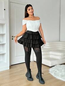 SHEIN EZwear 大码女士情人节服装，黑色网眼蕾丝边打底裤，春夏服装