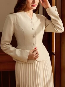 Vintamour Sacou vintage elegant pentru femei, cu nasturi, cu tiv peplum, casual, pentru birou, de vacanță, toamnă, iarnă, Crăciun - Kaki - Vizualizare 4