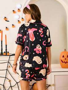 Chillnights Conjunto de Pijama Feminino Estilo INS Bota Cowboy Fantasma Fofo de Halloween, Conjunto de Pijama Feminino de Halloween, Conjunto de Pijama Feminino Plus Size de Halloween, Conjunto de Pijama Cowboy Feminino, Conjunto de Pijama Fantasma Feminino, Conjunto de Shorts de Pijama Rave de Halloween - Multicolorido - Visão 2