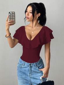 Rafferiza Women's Solid Color Ruffle Collar Fitted Elegant Bodysuit - Burgundy - View 4