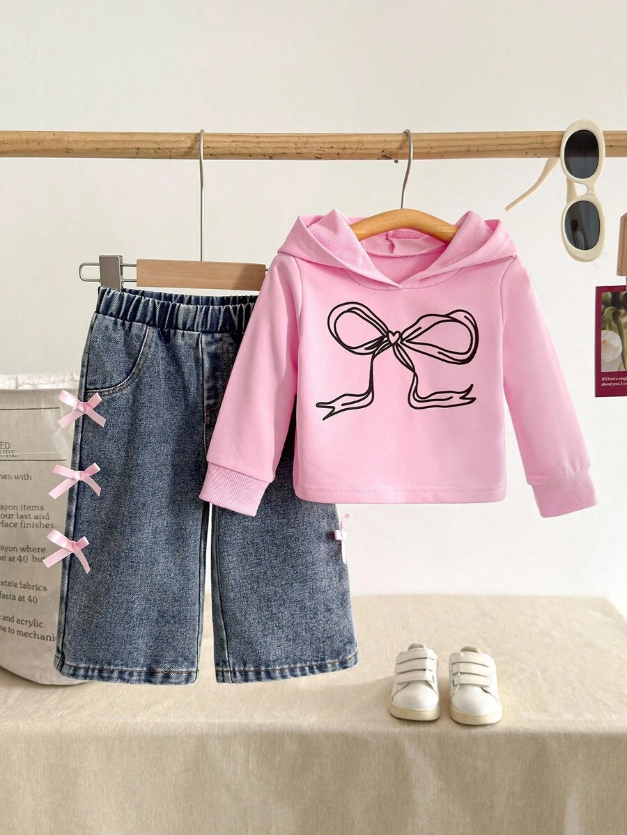 SHEIN 2pcs/Set 6Months-3Years Baby Fall Outfits For Girl Casual And Korean Style Suit,Bowknot-Printing ,Long Sleeves Hoodie&Long Jeans Winter - Pink - View 1