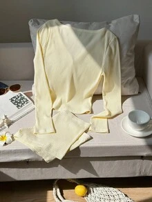 Attitoon 2 件套女士休闲家居服风格黑色刺绣马标志柔软棉质 V 领长袖上衣和短裤套装，适合秋冬季，百搭，90% 纯棉 - 黃色 - 查看 4